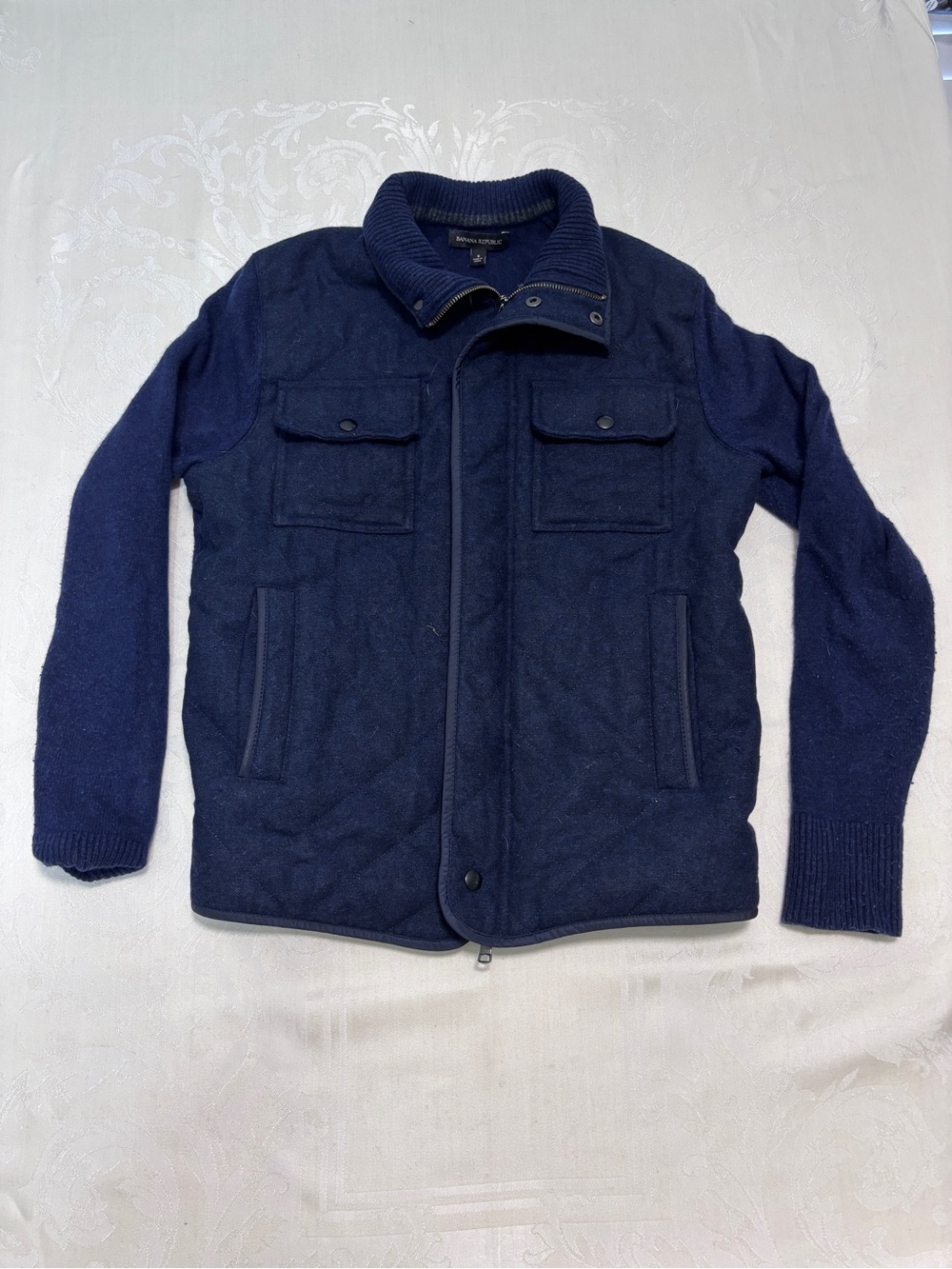 Banana Republic Navy Quilted Wool-Blend Zip-Up Sweater Jacket